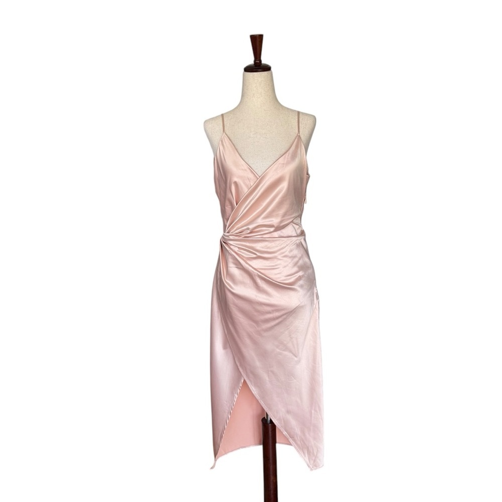 House of CB Coco Nude Satin Drape Back Wrap Dress Medium - Picture 2 of 13